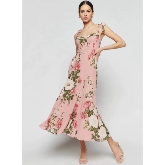 REFORMATION Nadira Tie Strap Midi Dress Floral Sweetheart Smocked Maxi Pink - Picture 1 of 16